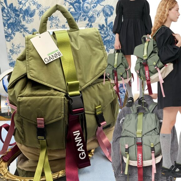 🆕 GANNI 🧿 NWT Recycled Tech Backpack, Kalamata Green & Purple / Pink - Picture 1 of 14
